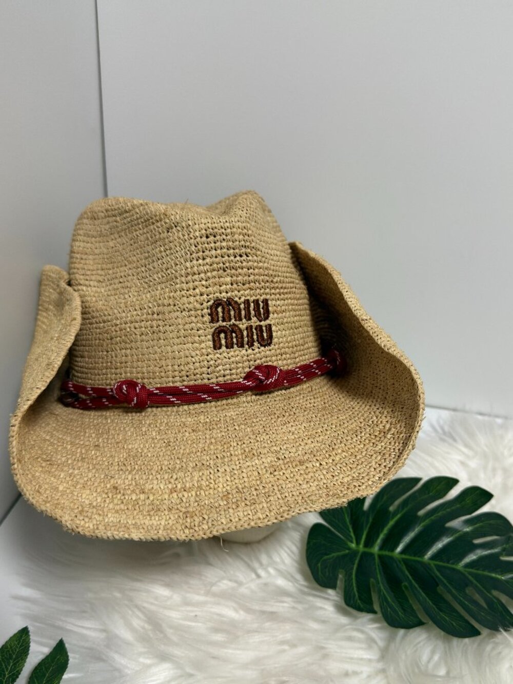 Miu Miu Natural Straw Hat with Red Rope Trim